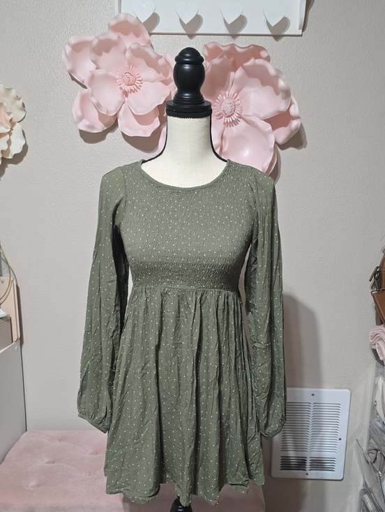 SO Dresses & Skirts - SO Olive Green Long-Sleeve Smocked Waist Dress
